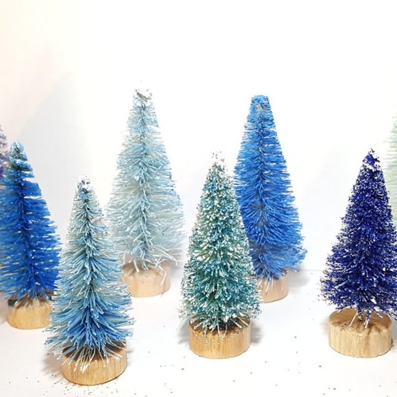 8pc Mini Assorted BLUE Sisal Bottle Brush Trees Xmas Christmas Decor Set - Picture 4 of 4